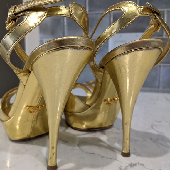 Prada Gold T-Strap Peep Toe Heels - Picture 10 of 13